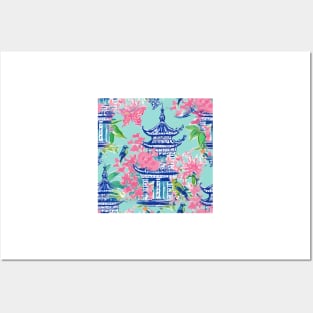 Preppy bubble gum pink and turquoise chinoiserie garden Posters and Art